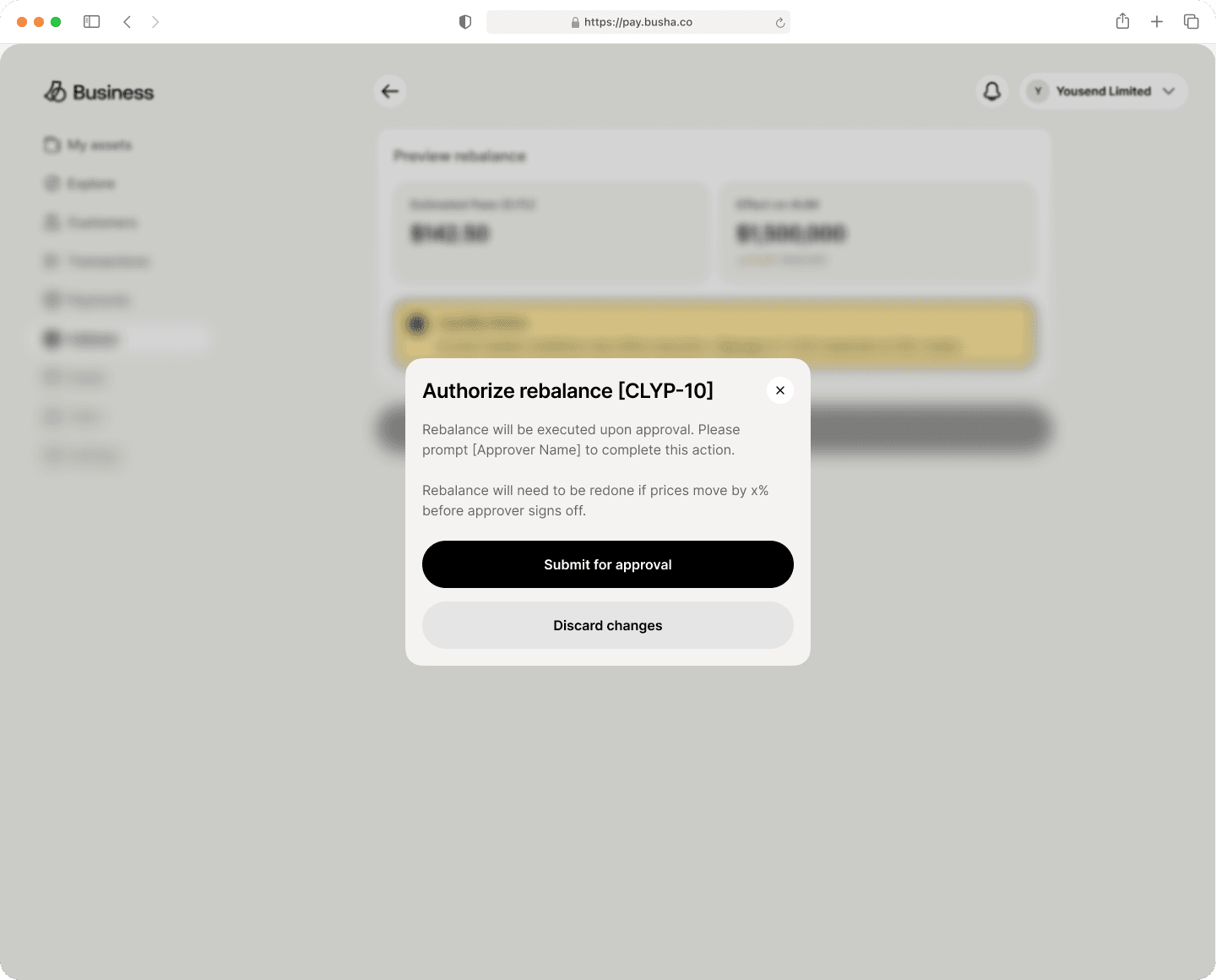 Authorize rebalance dialog naming the approver and warning about price movement