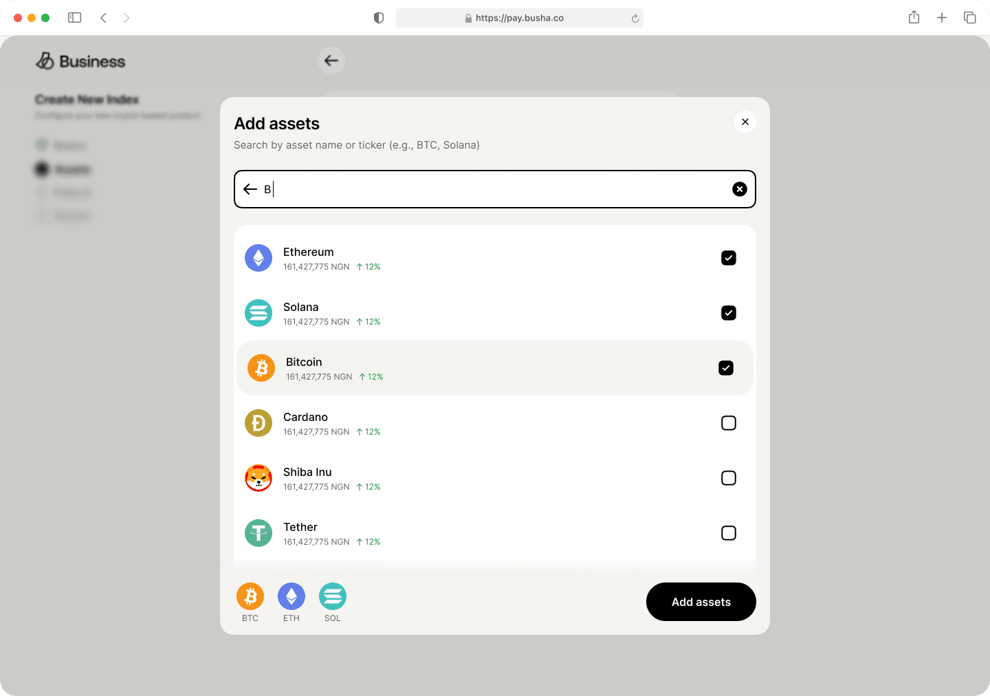 Add assets modal with search and multi-select
