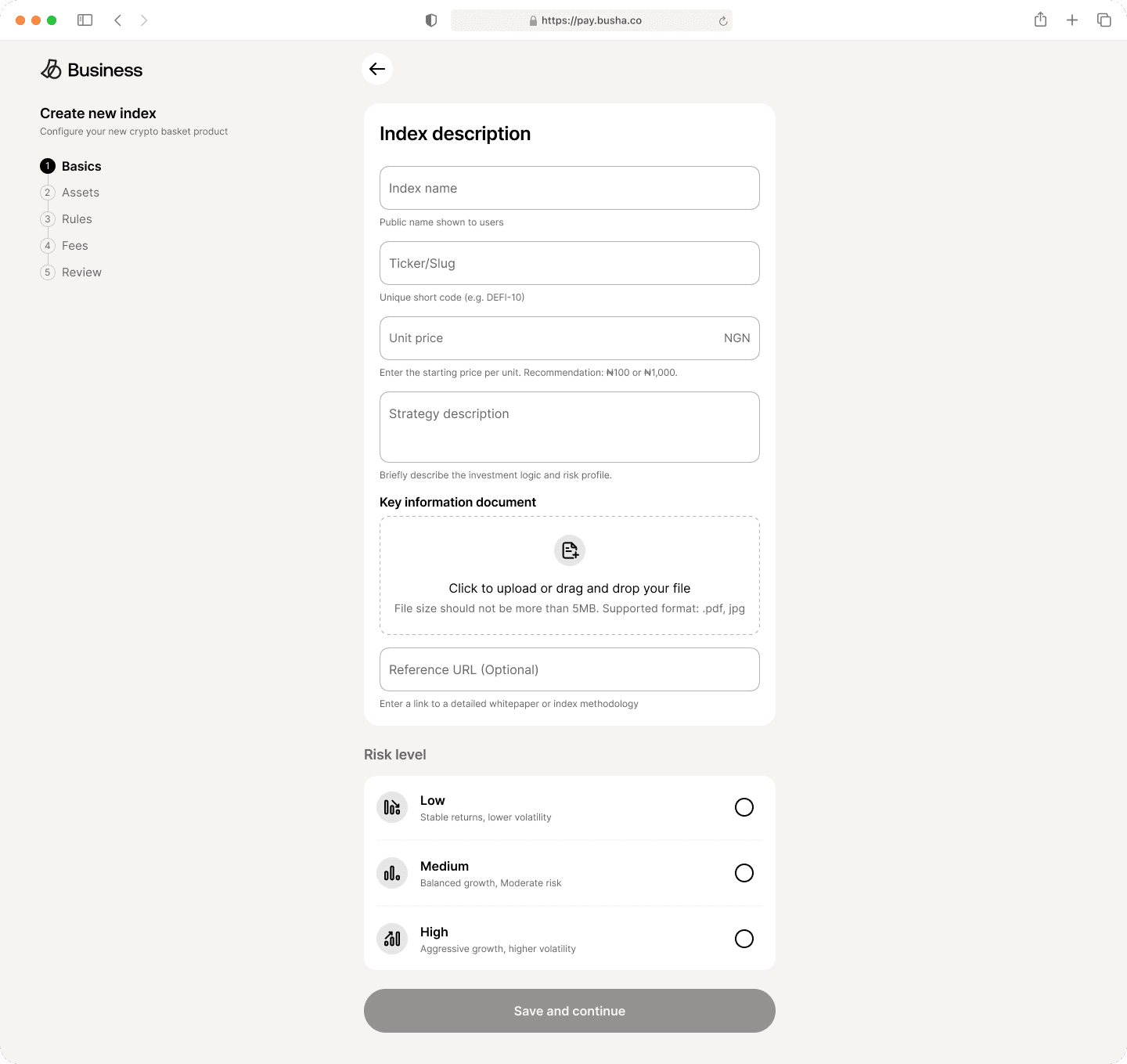 Step one of the create index flow, index description and risk level