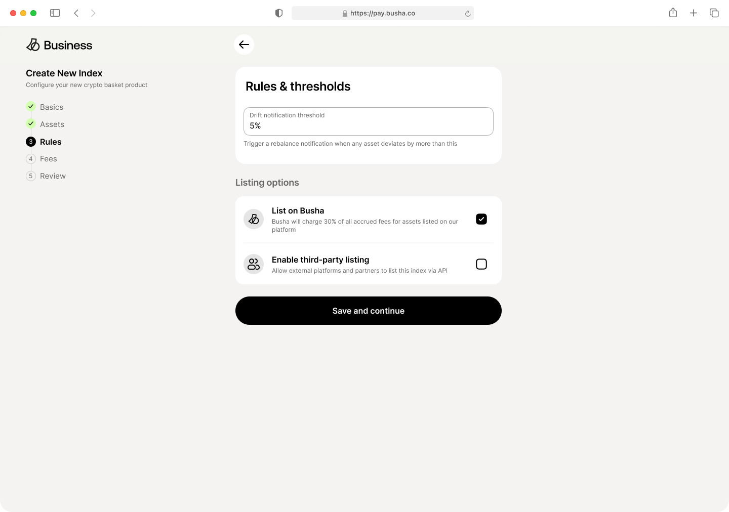 Rules and thresholds step with drift threshold and listing options