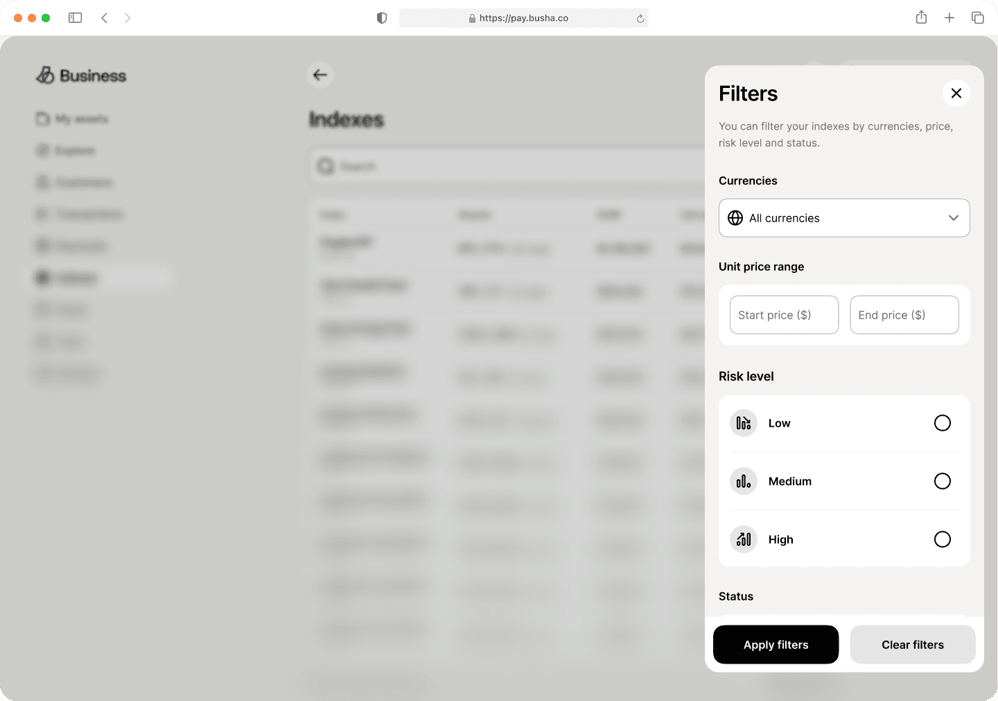 Filter panel for the index list, by currency, unit price, risk level and status