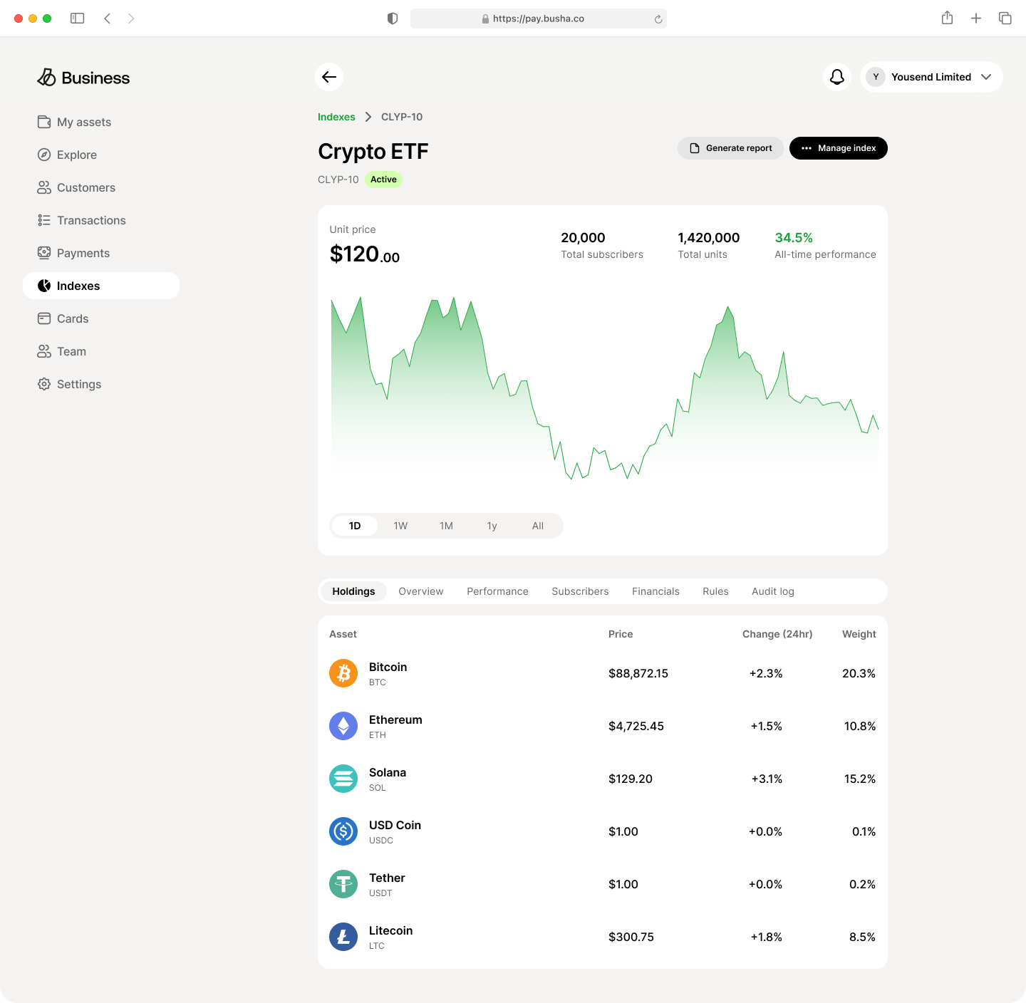 An active index showing unit price, subscribers, performance and holdings