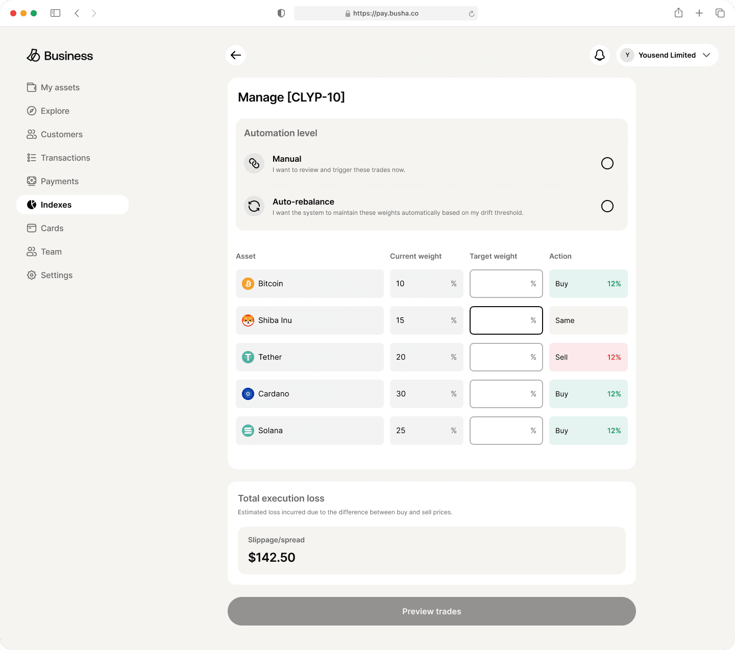 Manage screen with automation level, rebalance table and execution loss