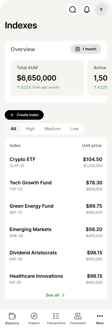 Mobile index list with AUM overview and risk level filters