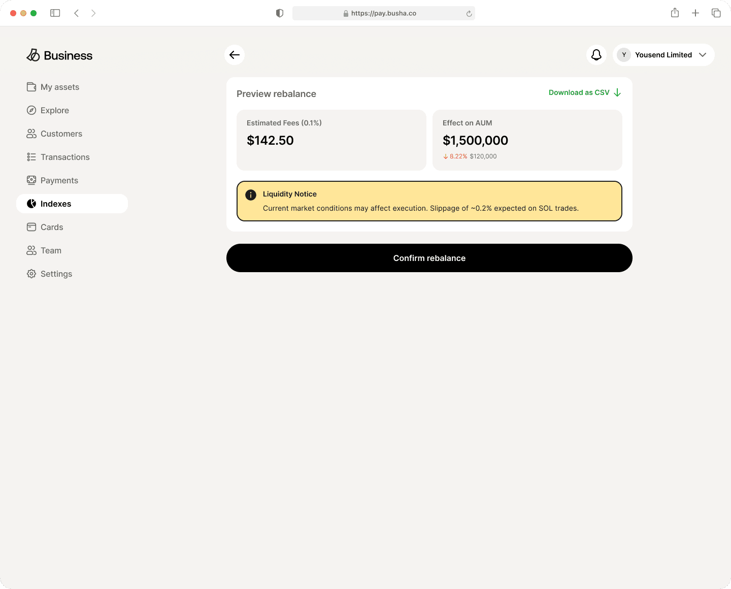 Preview rebalance screen with estimated fees, effect on AUM and an amber liquidity notice